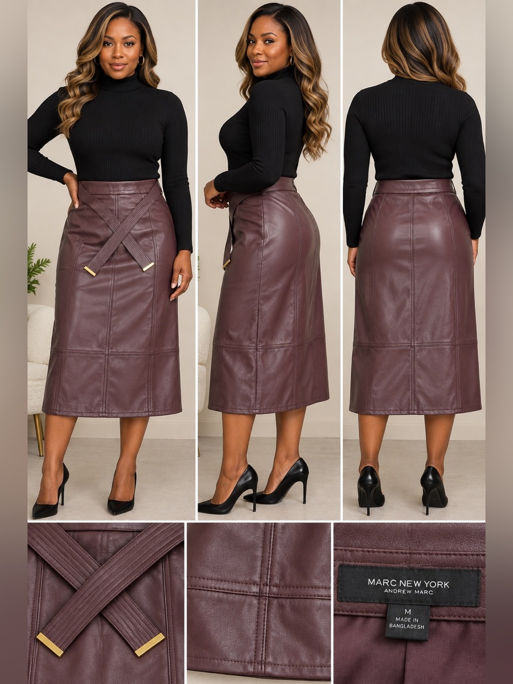 Marc New York Faux Leather Plum Skirt with Belt Size M NWOT